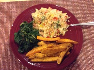 Quinoa Tabouli, with sweet potato fries and steamed chard with balsamic vinegar.\